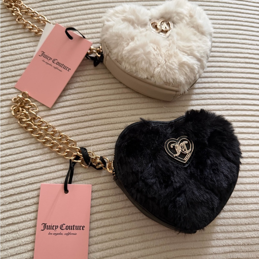 Juicy Couture Heart-Shaped Faux Fur Mini Bags - Black and Cream